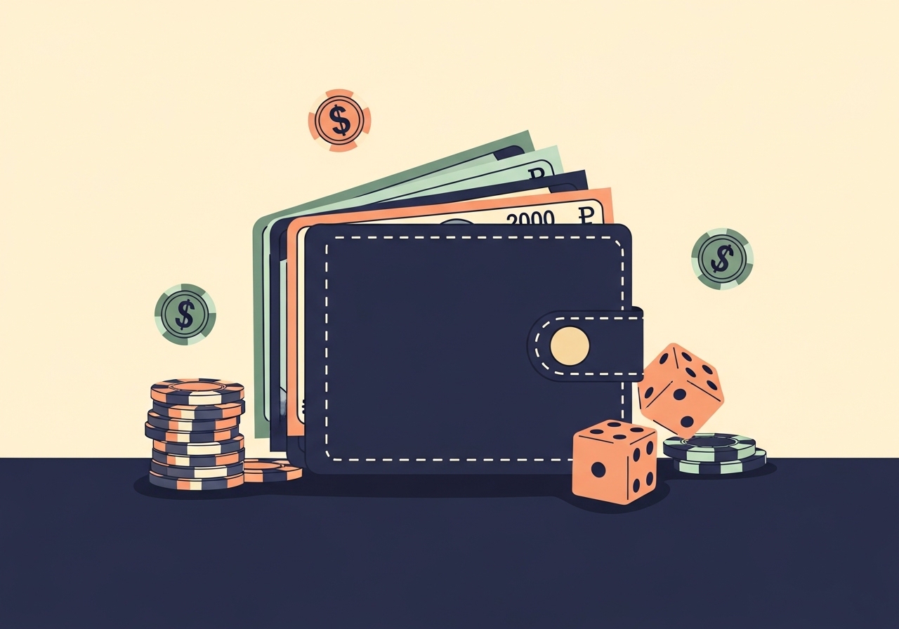 Illustration of a mobile wallet, budgeting cards, and compact finance tools representing low deposit mobile money casinos in Uganda.